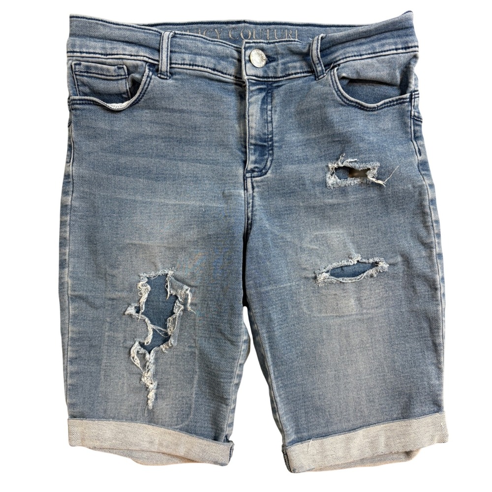 Juicy Couture Flaunt It Denim Bermuda Shorts Distressed Cuffed Blue Sz 6